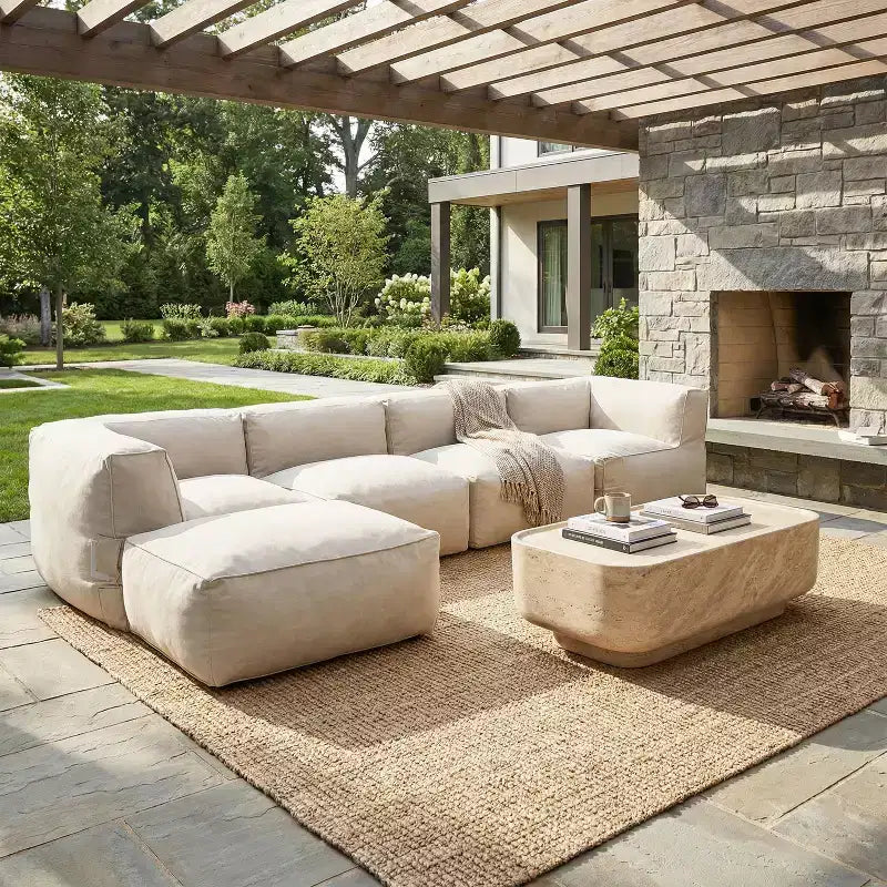 Christopher Knight Home Karine 152.8'' Modern Patio L-Shaped Olefin Bean Bag 5-Seater Sectional Sofa with Ottoman