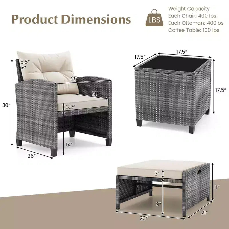 Costway Ensemble de Meubles de Jardin en Rotin 5 Pièces avec 2 Ottomans et Table Basse en Verre Trempé Gris Mixte + Turquoise/Blanc Cassé/Rouge/Marron/Gris/Bleu Marine/Noir