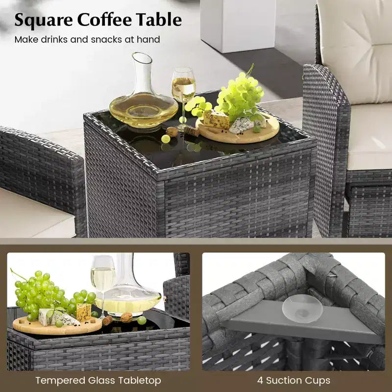 Costway Ensemble de Meubles de Jardin en Rotin 5 Pièces avec 2 Ottomans et Table Basse en Verre Trempé Gris Mixte + Turquoise/Blanc Cassé/Rouge/Marron/Gris/Bleu Marine/Noir