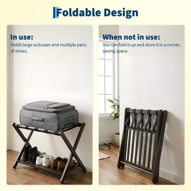 Porte-bagages pliant en bambou avec étagère à 2 niveaux, support de valise haut de gamme pouvant supporter jusqu'à 68 kg pour les chambres et les hôtels