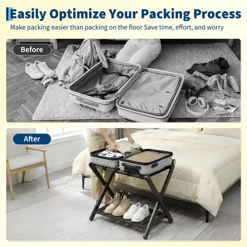 Porte-bagages pliant en bambou avec étagère à 2 niveaux, support de valise haut de gamme pouvant supporter jusqu'à 68 kg pour les chambres et les hôtels