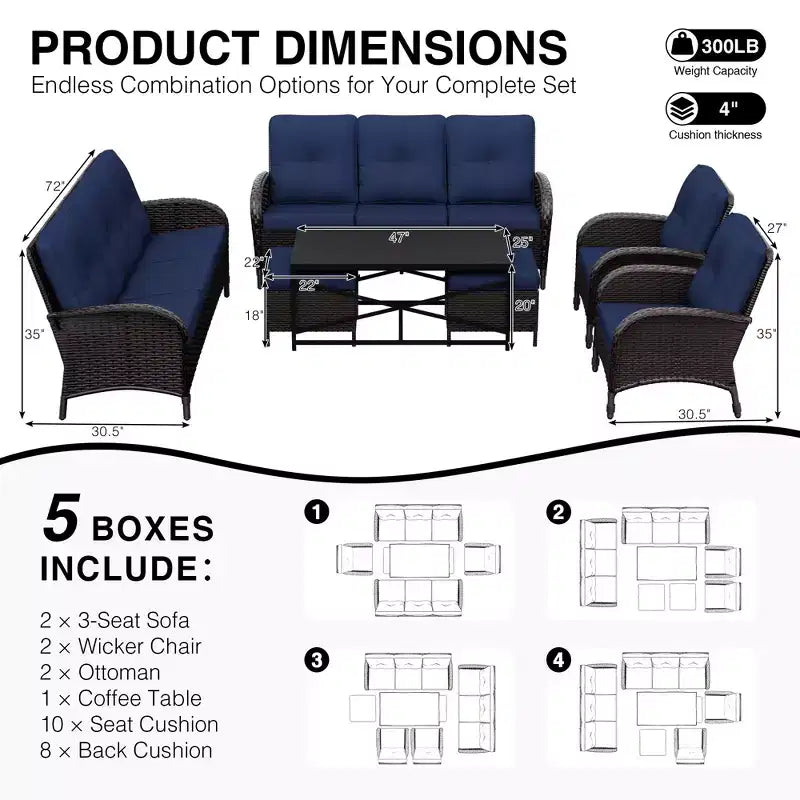 UPTIOT Ensemble modulaire d'extérieur avec 2 canapés, fauteuils, poufs et table basse résistante aux intempéries