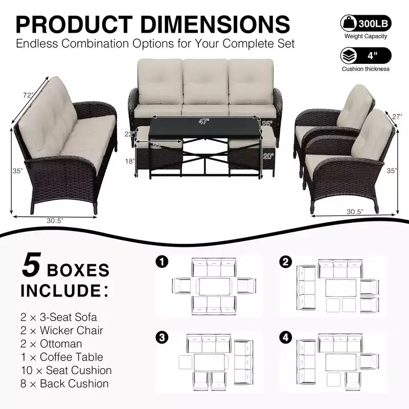 UPTIOT Ensemble modulaire d'extérieur avec 2 canapés, fauteuils, poufs et table basse résistante aux intempéries