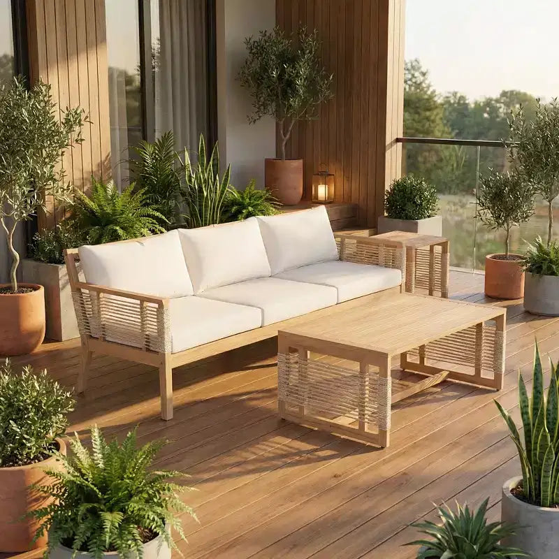 GDFStudio Brynn Ensemble de conversation 3 pièces en bois d'acacia avec canapé 3 places et 2 tables basses