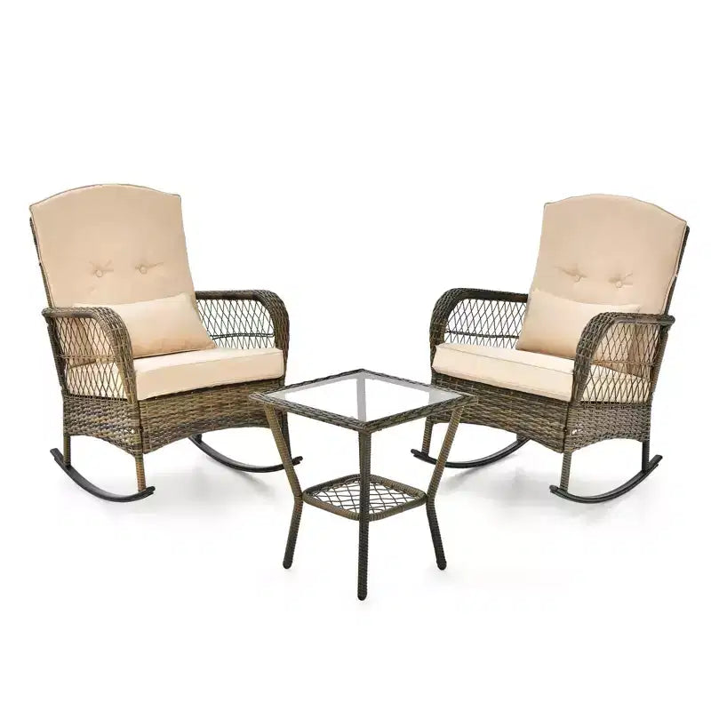 Lot de 2 fauteuils à bascule d'extérieur en osier, fauteuils à bascule de patio en rotin avec coussins, canapé de jardin pour la conversation sur porche et terrasse.