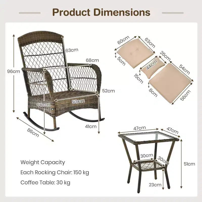 Lot de 2 fauteuils à bascule d'extérieur en osier, fauteuils à bascule de patio en rotin avec coussins, canapé de jardin pour la conversation sur porche et terrasse.