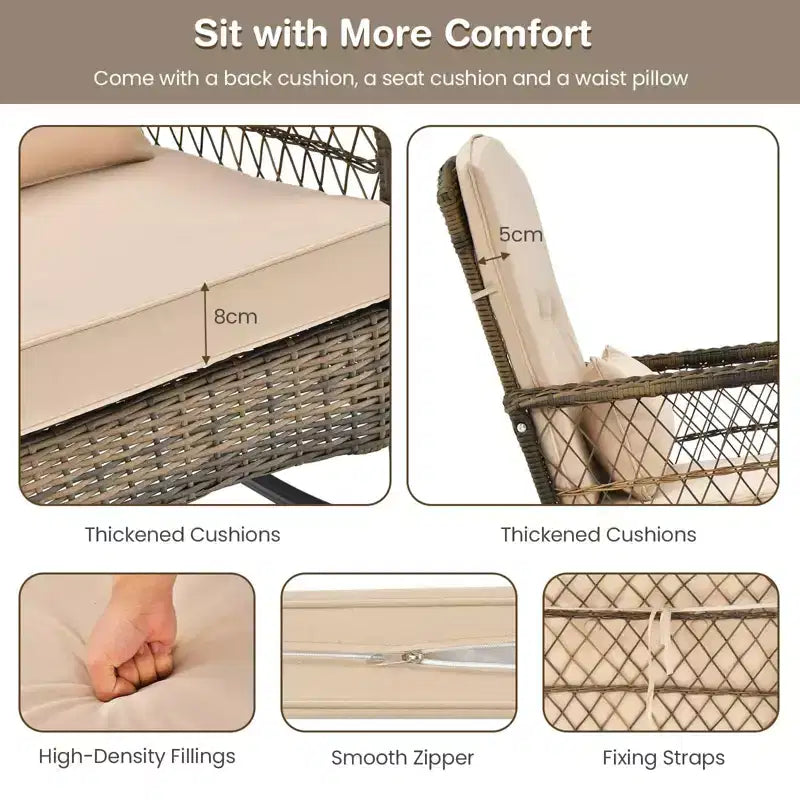 Lot de 2 fauteuils à bascule d'extérieur en osier, fauteuils à bascule de patio en rotin avec coussins, canapé de jardin pour la conversation sur porche et terrasse.