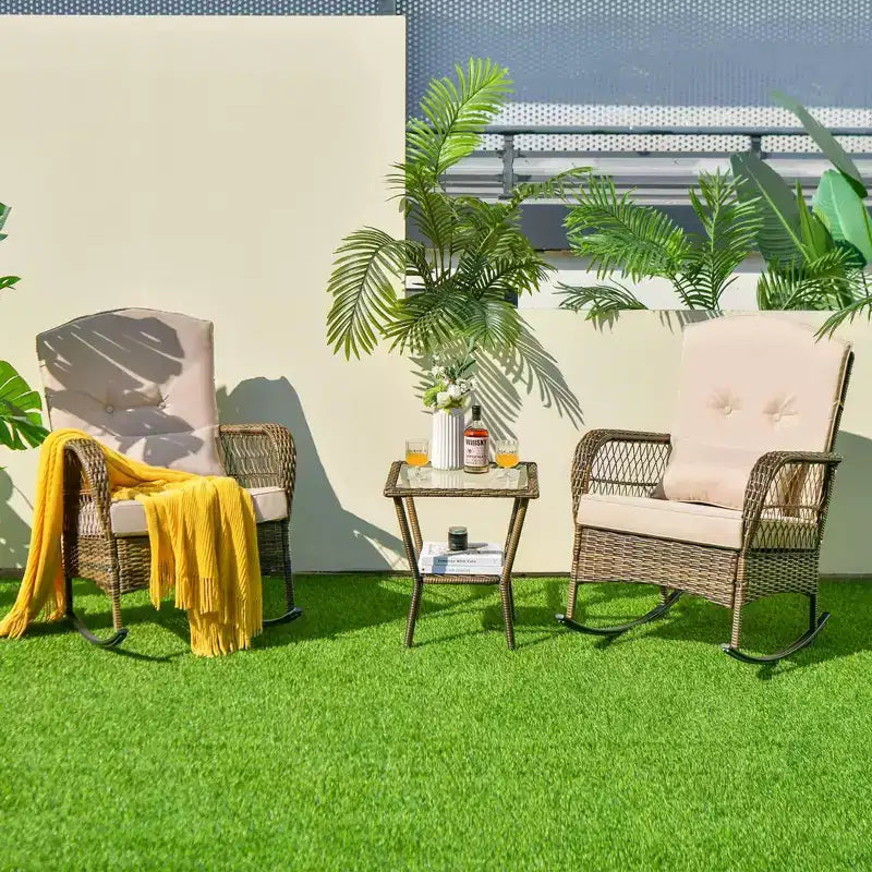 Lot de 2 fauteuils à bascule d'extérieur en osier, fauteuils à bascule de patio en rotin avec coussins, canapé de jardin pour la conversation sur porche et terrasse.