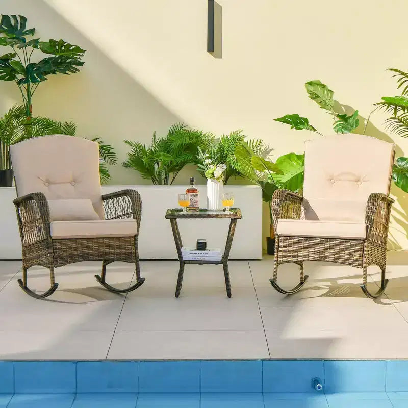 Lot de 2 fauteuils à bascule d'extérieur en osier, fauteuils à bascule de patio en rotin avec coussins, canapé de jardin pour la conversation sur porche et terrasse.
