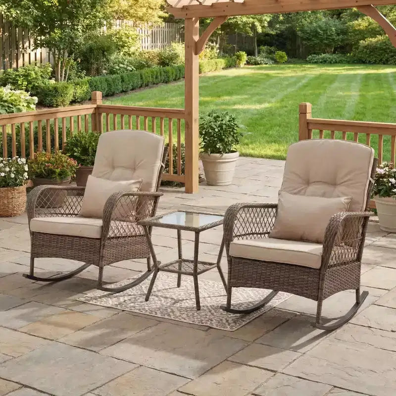 Lot de 2 fauteuils à bascule d'extérieur en osier, fauteuils à bascule de patio en rotin avec coussins, canapé de jardin pour la conversation sur porche et terrasse.