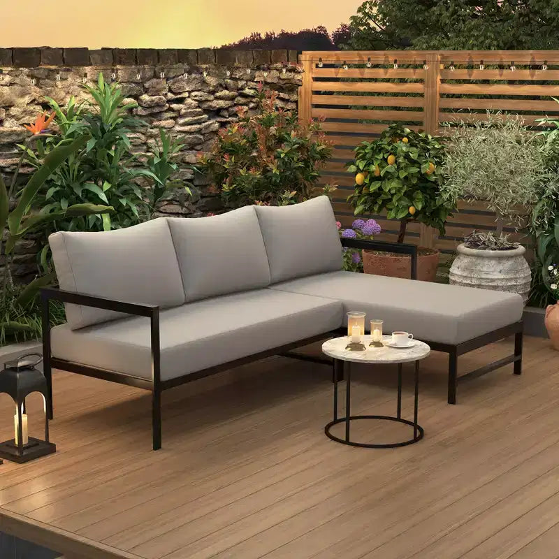 Canapé d'extérieur en forme de L avec cadre en fer, résistant aux intempéries, idéal pour terrasse, balcon et jardin - ModernLuxe