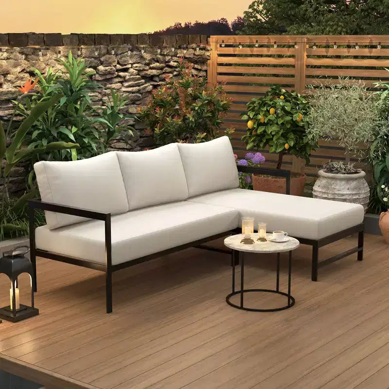Canapé d'extérieur en forme de L avec cadre en fer, résistant aux intempéries, idéal pour terrasse, balcon et jardin - ModernLuxe