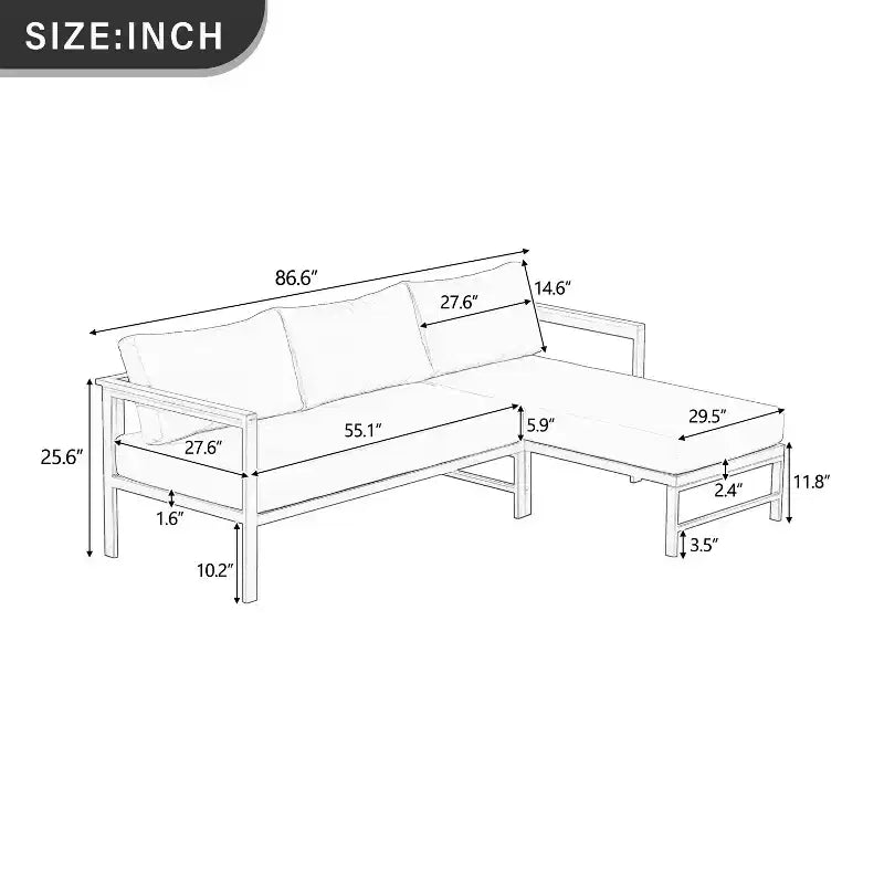 Canapé d'extérieur en forme de L avec cadre en fer, résistant aux intempéries, idéal pour terrasse, balcon et jardin - ModernLuxe