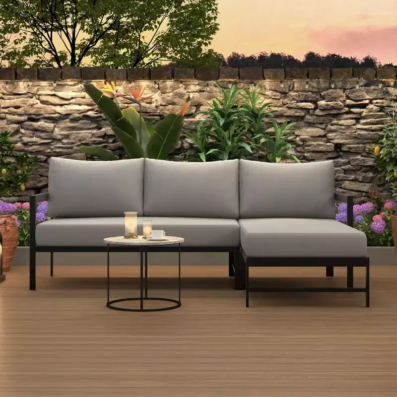 Canapé d'extérieur en forme de L avec cadre en fer, résistant aux intempéries, idéal pour terrasse, balcon et jardin - ModernLuxe