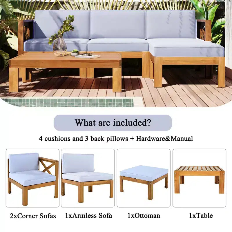 GDFStudio Danna Ensemble de canapé sectionnel extérieur 5 pièces en bois d'acacia avec table et coussins