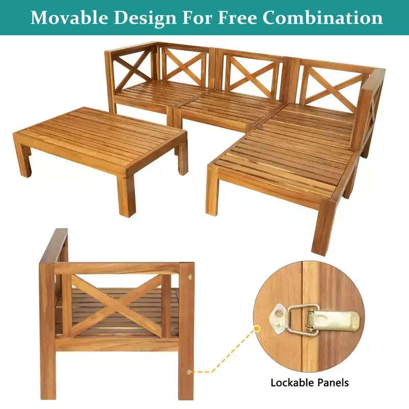 GDFStudio Danna Ensemble de canapé sectionnel extérieur 5 pièces en bois d'acacia avec table et coussins