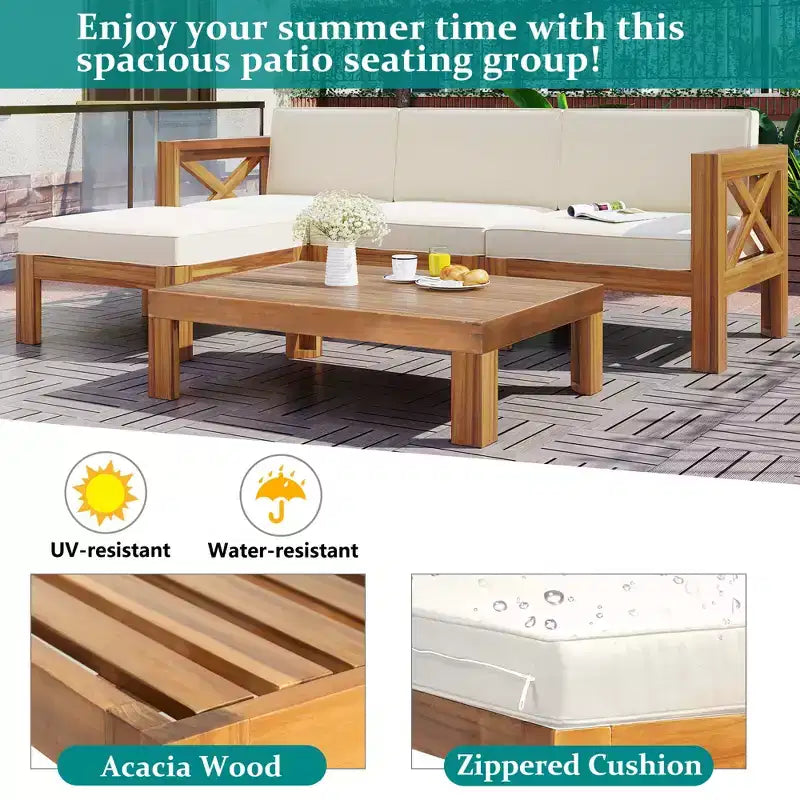 GDFStudio Danna Ensemble de canapé sectionnel extérieur 5 pièces en bois d'acacia avec table et coussins