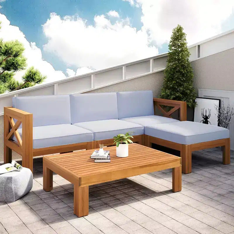 GDFStudio Danna Ensemble de canapé sectionnel extérieur 5 pièces en bois d'acacia avec table et coussins