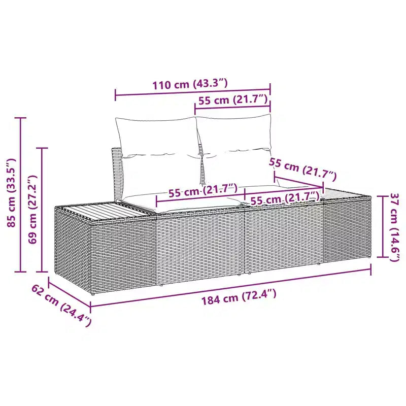 vidaXL Canapé de jardin noir 184 x 62 x 85cm en résine tressée