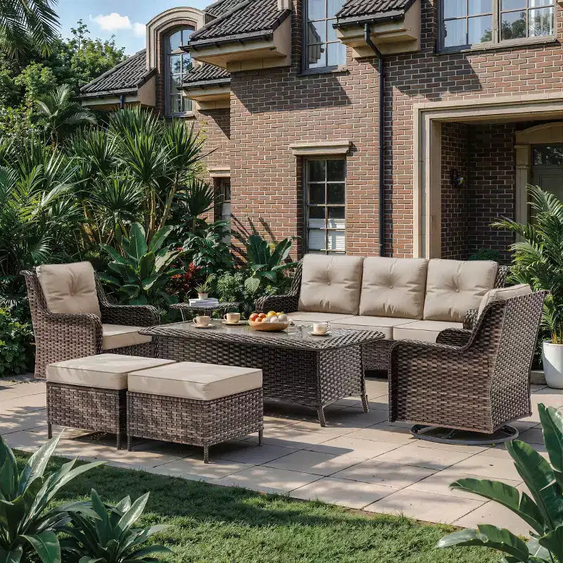 Ensemble de mobilier de jardin en rotin ALAULM 7 pièces, ensemble de canapés d'extérieur en osier avec 2 fauteuils pivotants à bascule, 2 tables basses de différentes tailles, 2 poufs