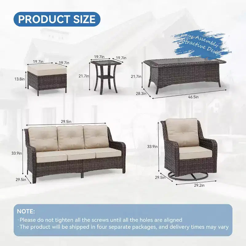 Ensemble de mobilier de jardin en rotin ALAULM 7 pièces, ensemble de canapés d'extérieur en osier avec 2 fauteuils pivotants à bascule, 2 tables basses de différentes tailles, 2 poufs