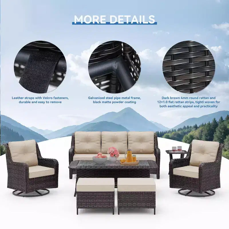 Ensemble de mobilier de jardin en rotin ALAULM 7 pièces, ensemble de canapés d'extérieur en osier avec 2 fauteuils pivotants à bascule, 2 tables basses de différentes tailles, 2 poufs