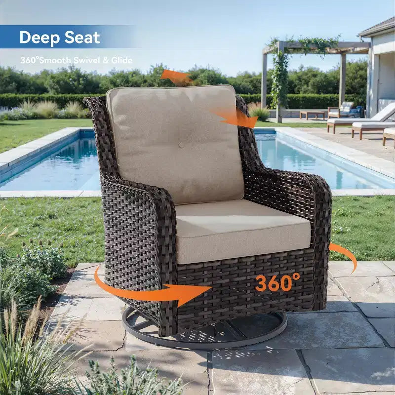 Ensemble de mobilier de jardin en rotin ALAULM 7 pièces, ensemble de canapés d'extérieur en osier avec 2 fauteuils pivotants à bascule, 2 tables basses de différentes tailles, 2 poufs