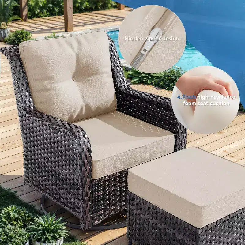 Ensemble de mobilier de jardin en rotin ALAULM 7 pièces, ensemble de canapés d'extérieur en osier avec 2 fauteuils pivotants à bascule, 2 tables basses de différentes tailles, 2 poufs