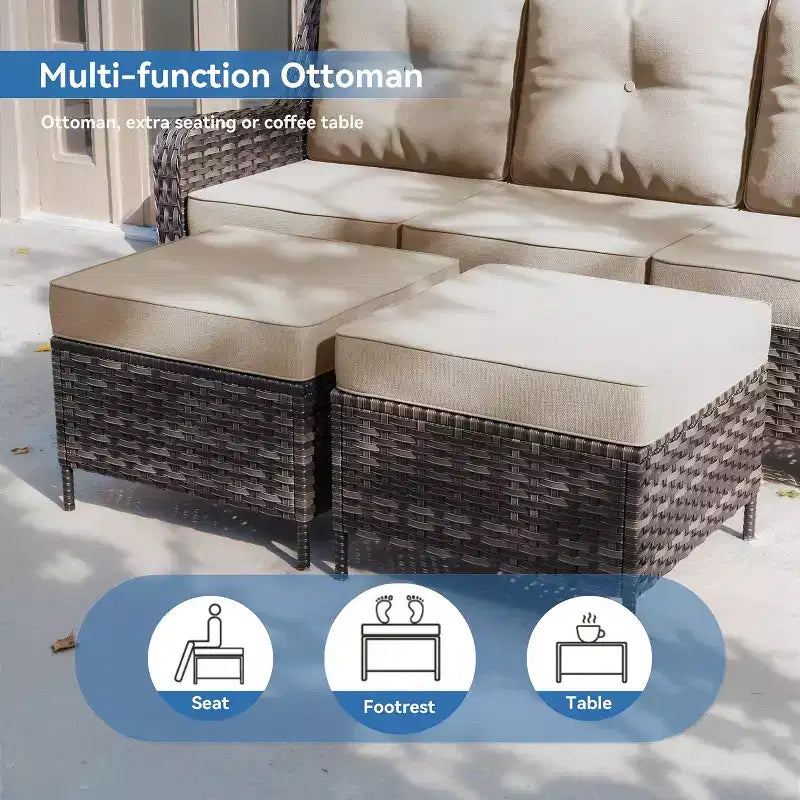 Ensemble de mobilier de jardin en rotin ALAULM 7 pièces, ensemble de canapés d'extérieur en osier avec 2 fauteuils pivotants à bascule, 2 tables basses de différentes tailles, 2 poufs