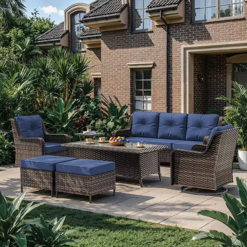 Ensemble de mobilier de jardin en rotin ALAULM 7 pièces, ensemble de canapés d'extérieur en osier avec 2 fauteuils pivotants à bascule, 2 tables basses de différentes tailles, 2 poufs