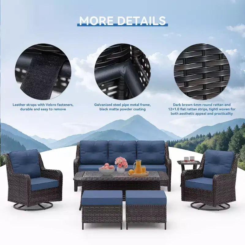 Ensemble de mobilier de jardin en rotin ALAULM 7 pièces, ensemble de canapés d'extérieur en osier avec 2 fauteuils pivotants à bascule, 2 tables basses de différentes tailles, 2 poufs