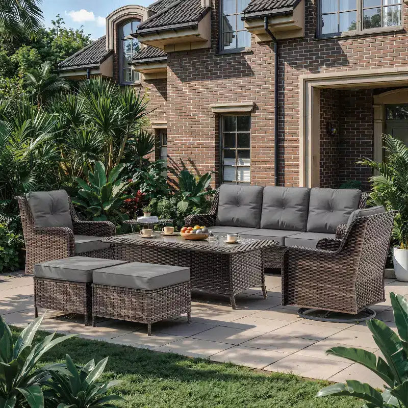 Ensemble de mobilier de jardin en rotin ALAULM 7 pièces, ensemble de canapés d'extérieur en osier avec 2 fauteuils pivotants à bascule, 2 tables basses de différentes tailles, 2 poufs