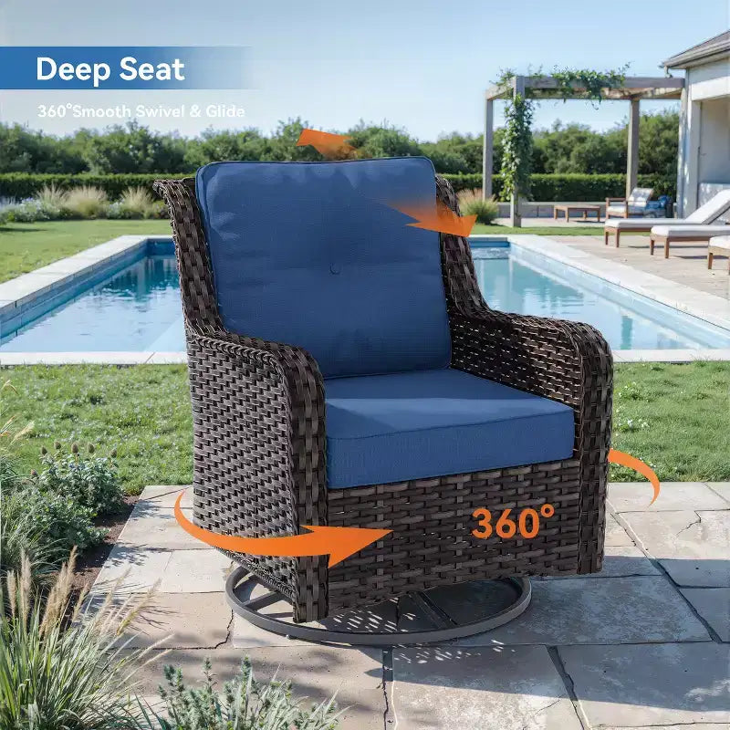 Ensemble de mobilier de jardin en rotin ALAULM 7 pièces, ensemble de canapés d'extérieur en osier avec 2 fauteuils pivotants à bascule, 2 tables basses de différentes tailles, 2 poufs
