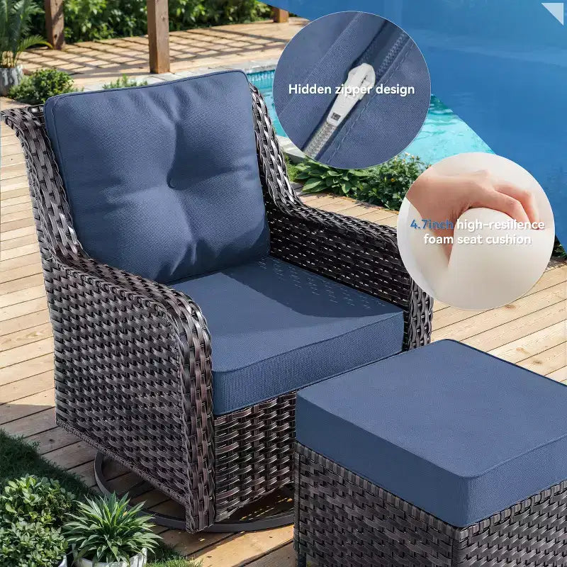 Ensemble de mobilier de jardin en rotin ALAULM 7 pièces, ensemble de canapés d'extérieur en osier avec 2 fauteuils pivotants à bascule, 2 tables basses de différentes tailles, 2 poufs