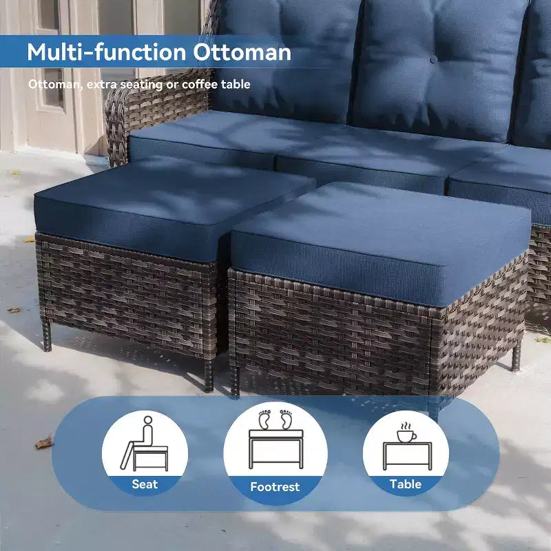 Ensemble de mobilier de jardin en rotin ALAULM 7 pièces, ensemble de canapés d'extérieur en osier avec 2 fauteuils pivotants à bascule, 2 tables basses de différentes tailles, 2 poufs