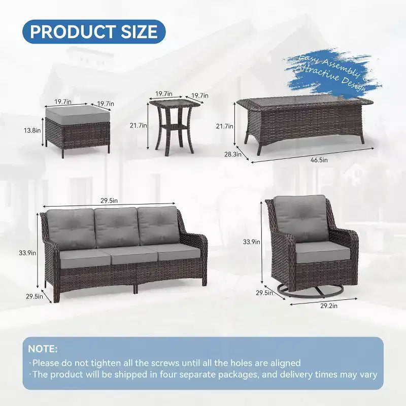 Ensemble de mobilier de jardin en rotin ALAULM 7 pièces, ensemble de canapés d'extérieur en osier avec 2 fauteuils pivotants à bascule, 2 tables basses de différentes tailles, 2 poufs