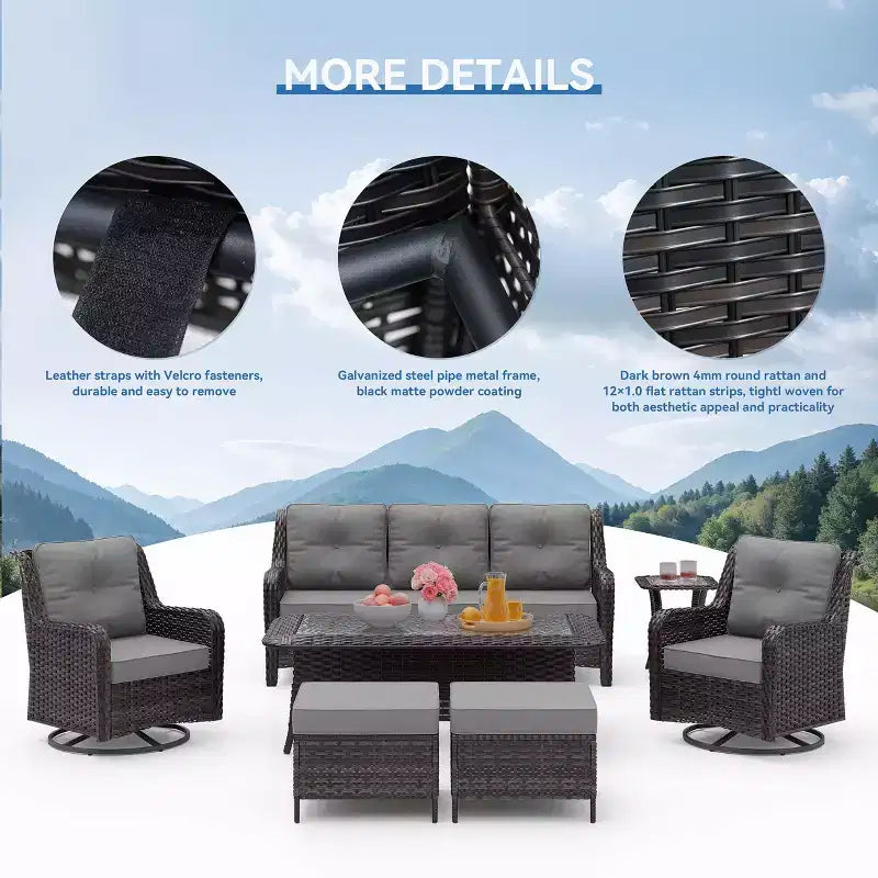 Ensemble de mobilier de jardin en rotin ALAULM 7 pièces, ensemble de canapés d'extérieur en osier avec 2 fauteuils pivotants à bascule, 2 tables basses de différentes tailles, 2 poufs