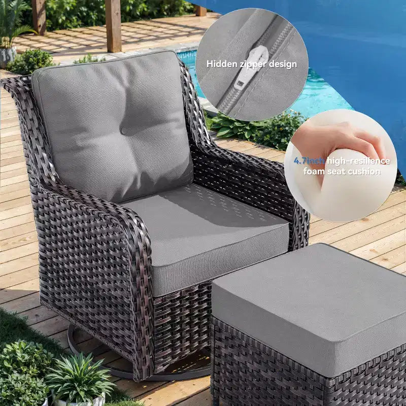 Ensemble de mobilier de jardin en rotin ALAULM 7 pièces, ensemble de canapés d'extérieur en osier avec 2 fauteuils pivotants à bascule, 2 tables basses de différentes tailles, 2 poufs