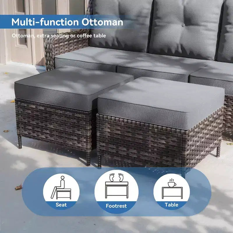 Ensemble de mobilier de jardin en rotin ALAULM 7 pièces, ensemble de canapés d'extérieur en osier avec 2 fauteuils pivotants à bascule, 2 tables basses de différentes tailles, 2 poufs