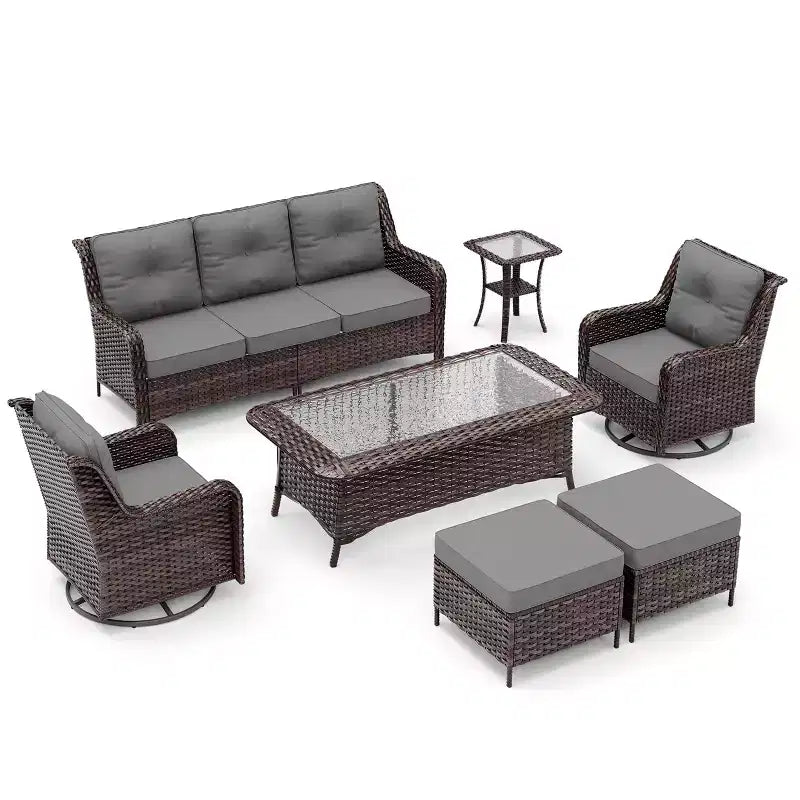 ALAULM 7PCS Rattan Patio Furniture Set, Wicker Outdoor Sofa Set w/2 Swivel Rocking Chairs, 2 coffee tables of different sizes, 2 Ottomans