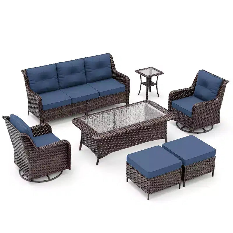 Ensemble de mobilier de jardin en rotin ALAULM 7 pièces, ensemble de canapés d'extérieur en osier avec 2 fauteuils pivotants à bascule, 2 tables basses de différentes tailles, 2 poufs