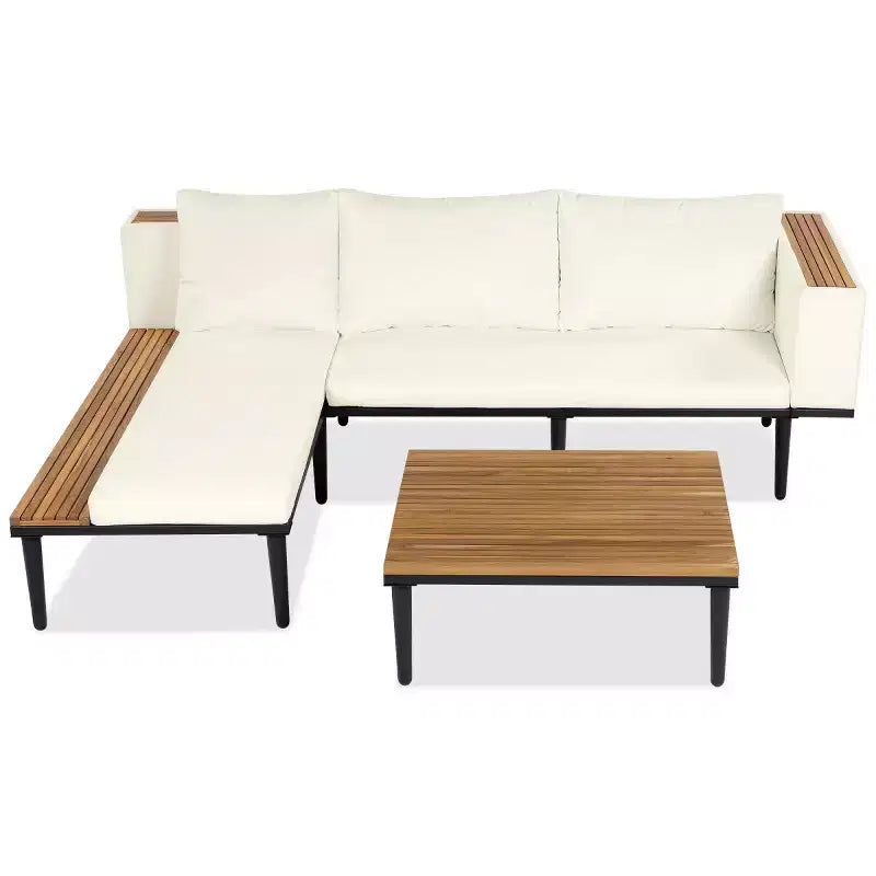 Canapé d'angle en L 4 pièces, en bois d'acacia, avec coussins et table basse, pour jardin, porche, arrière-cour - Panipeachy