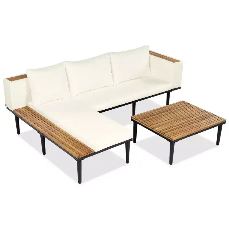 Canapé d'angle en L 4 pièces, en bois d'acacia, avec coussins et table basse, pour jardin, porche, arrière-cour - Panipeachy