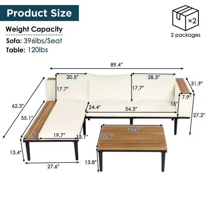 Canapé d'angle en L 4 pièces, en bois d'acacia, avec coussins et table basse, pour jardin, porche, arrière-cour - Panipeachy