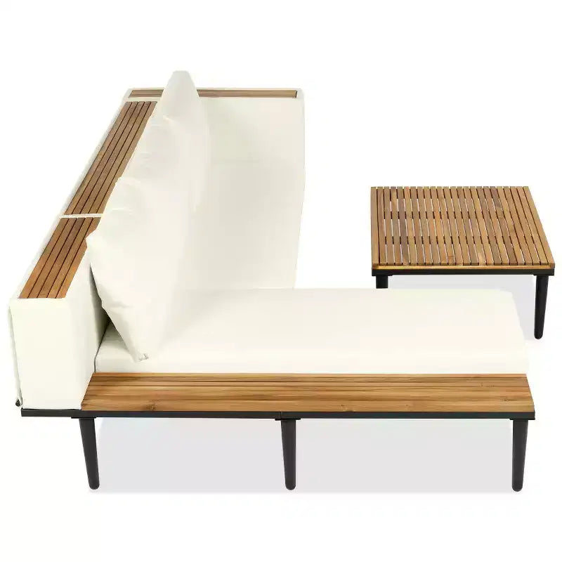 Canapé d'angle en L 4 pièces, en bois d'acacia, avec coussins et table basse, pour jardin, porche, arrière-cour - Panipeachy