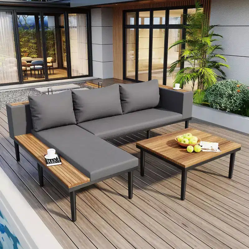 Canapé d'angle en L 4 pièces, en bois d'acacia, avec coussins et table basse, pour jardin, porche, arrière-cour - Panipeachy