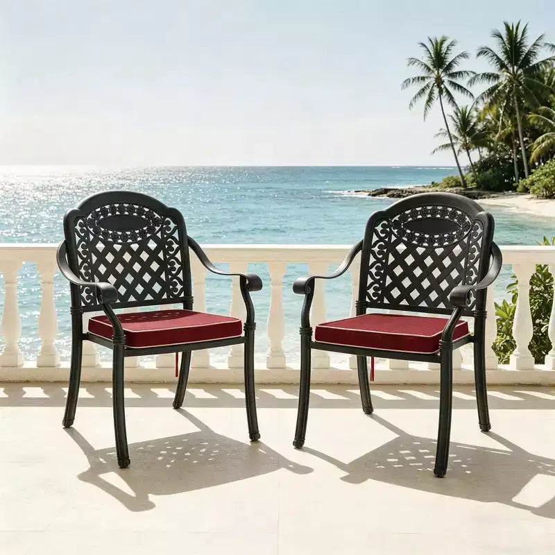 Lot de 2 chaises de salle à manger d'extérieur en fonte d'aluminium, cadre noir résistant à la rouille avec coussins résistants à l'eau