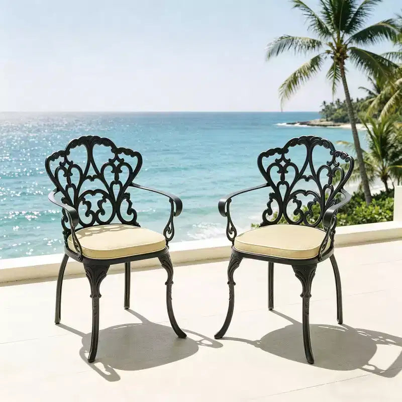 Set of 2 Cast Aluminum Patio Dining Chairs, Black Rust Resistant Frame with Water Resistant Cushions