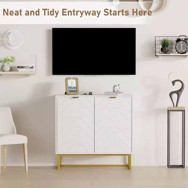 2 Ensembles de Buffets Modernes Armoire de Rangement en Bois avec Portes à Chevrons et Étagères, Console pour Salon/Salle à Manger, Entrée