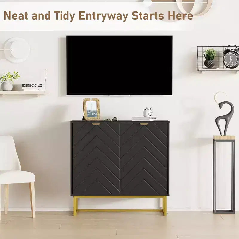 2 Ensembles de Buffets Modernes Armoire de Rangement en Bois avec Portes à Chevrons et Étagères, Console pour Salon/Salle à Manger, Entrée
